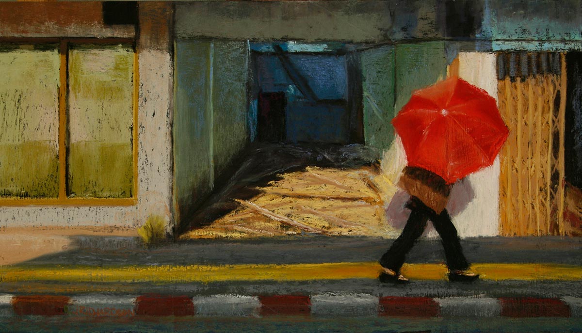 Red Umbrella 11 x 19 pastel by Judy Richardson